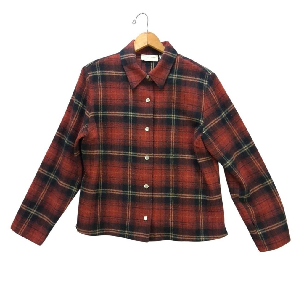 Lemon Grass Womens Red Black Plaid Flannel Snap Front Shacket Shirt Large